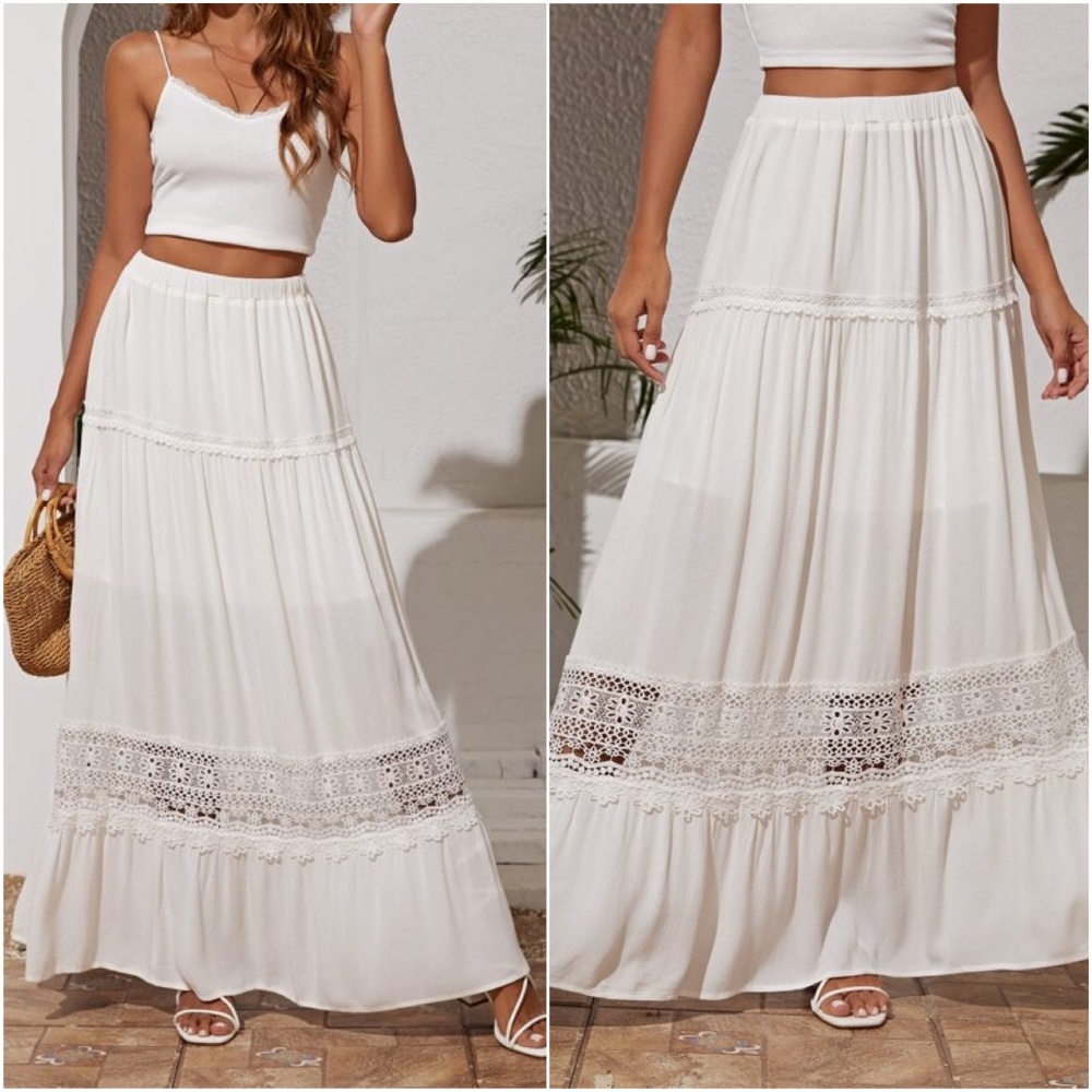 Boho White Lace High Waist Maxi Skirt